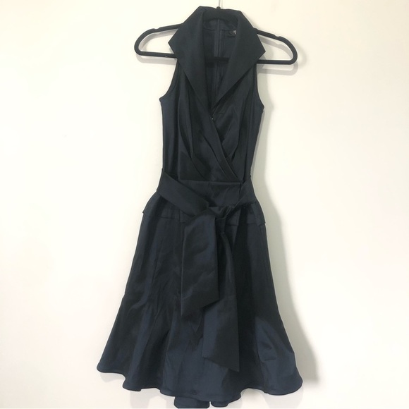 Tadashi Shoji Navy Taffeta Collard Sleeveless Cocktail Dress, size 4 - Picture 2 of 12